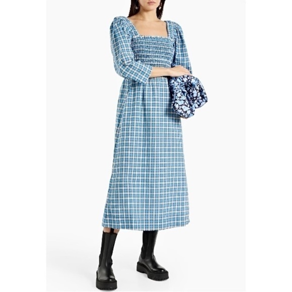 Nwt Ganni Blue & White Plaid Shirred Seersucker Midi Dress Sz 46